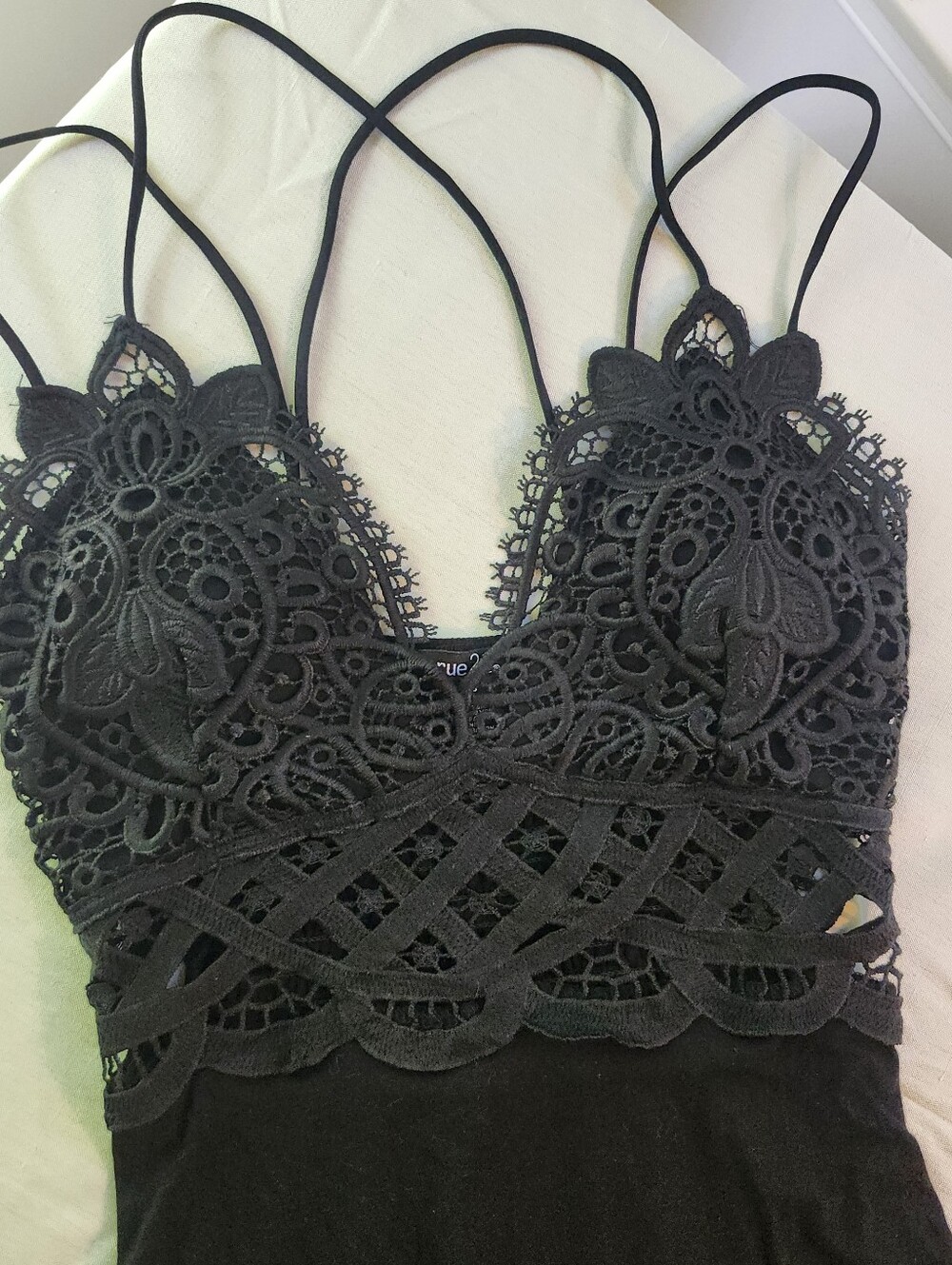 RUE 21 XS intricate black bodysuit with lace detail and adjustable spaghetti str